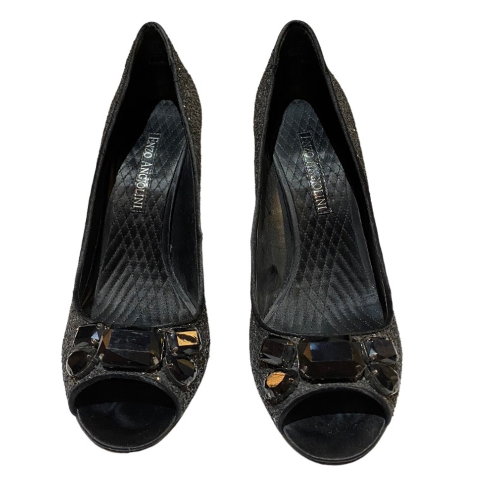 Enzo Angiolini black glitter open toe heel shoes with black stone details size 8